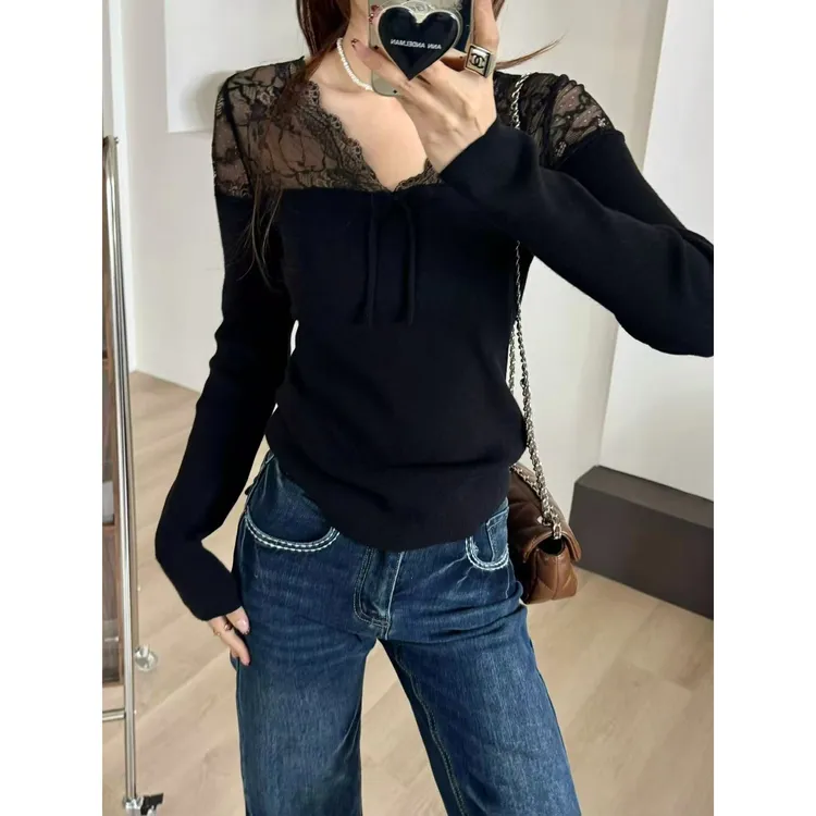 SP 软糯亲肤羊毛混纺拼接氛围感蕾丝毛针织衫内搭打底上衣