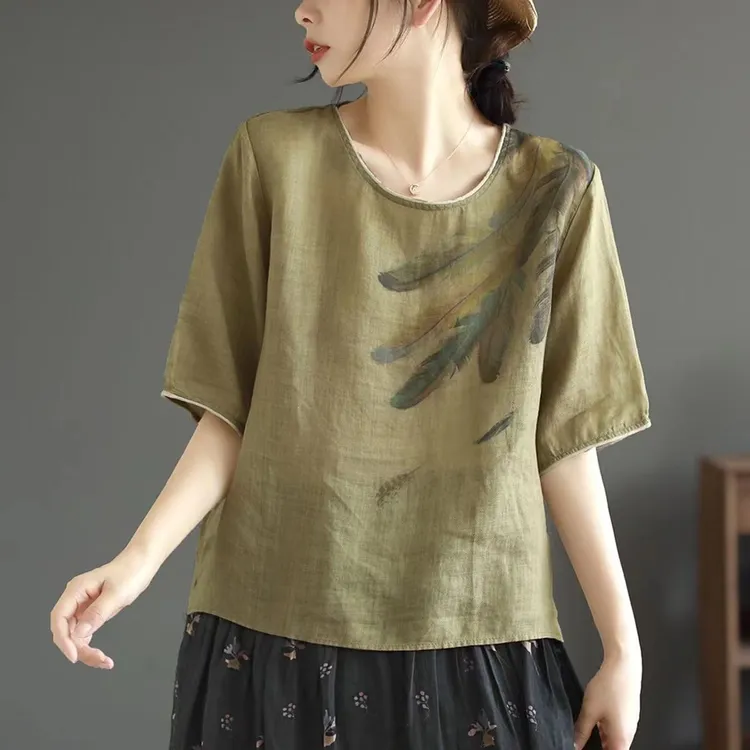 尾单捡漏文艺圆领棉麻印花上衣女宽松百搭透气复古短袖T恤女