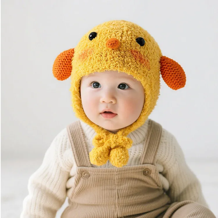 婴儿帽子护耳帽秋冬季宝宝针织毛绒帽男宝女宝保暖帽可爱超萌包头