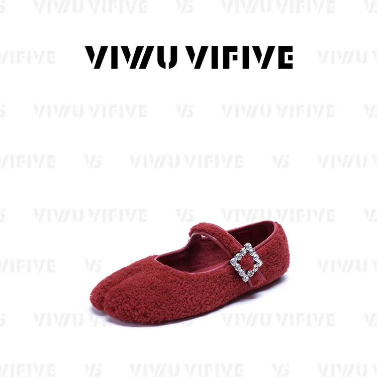 V5「雪樱」2025新款爆款流光风法式羊羔毛分趾芭蕾风圆头平底单鞋女
