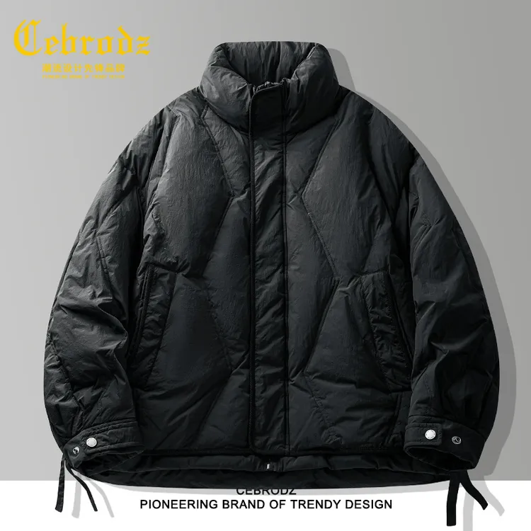 法国Cebrodz立领羽绒服男士冬季保暖羽绒外套复古菱形格蓬松百搭