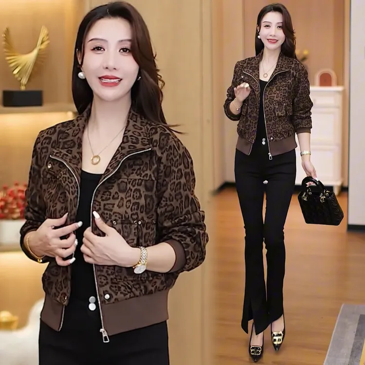2025百搭秋季时尚复古长袖外套短款新款通勤豹纹小个子夹克短上衣