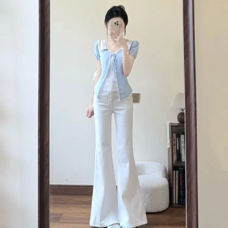 花边绑带短袖衬衫女夏季韩系小众百搭显瘦休闲衬衣高腰休闲微喇裤