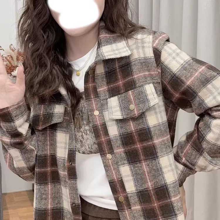【赠运费险】小个子短款撞色翻领格子衬衫女秋冬新款复古百搭外套