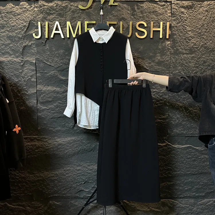 新款现货休闲风三件套新中式拼接半身裙1179