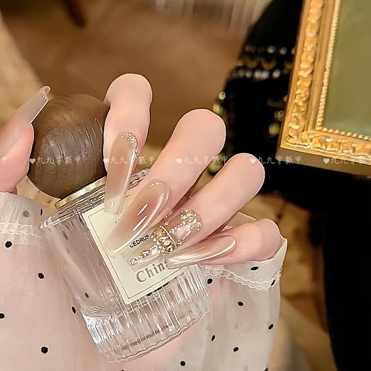 小时代 手工穿戴甲腮红锆石镶钻香槟猫眼光疗美甲可拆卸穿戴甲