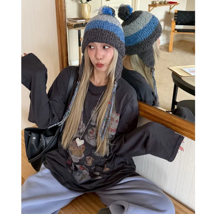 HELLOTANGO《甜蜜烘焙屋》秋冬韩系少女风减龄印花长袖T恤55921#