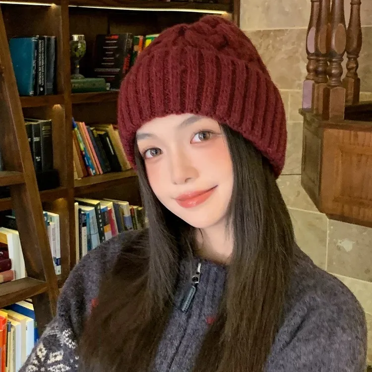 冬季纯色麻花针织帽女士护耳保暖加厚毛线帽男百搭休闲简约包头帽