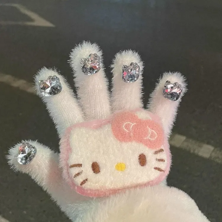 HelloKitty~可爱毛绒手套秋冬闪钻五指分指骑行加厚保暖防寒手套