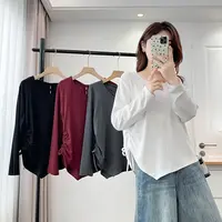 大码t恤女长袖早秋新款胖mm时尚设计感不规则抽绳收腰打底衫539