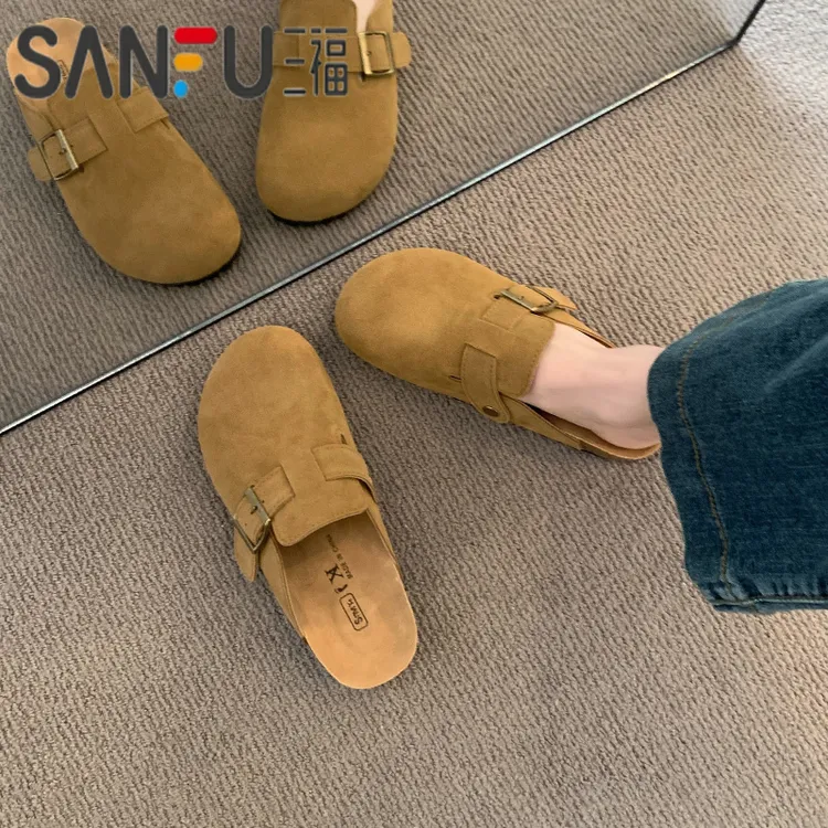三福勃肯鞋女款春秋季厚底增高外穿户外居家办公软木底包头半拖鞋