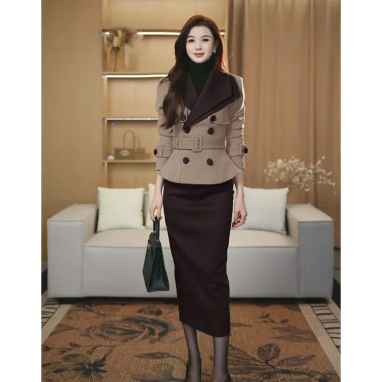 【两件套】【有里布】【送腰带】冬季长袖西装上衣+包臀裙套装LJ0145