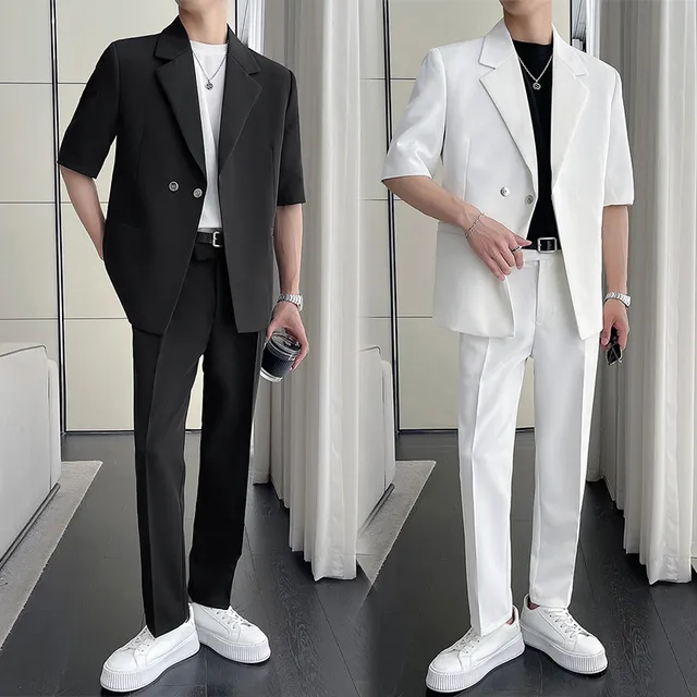 七分袖西服套装男高级感痞帅夏季薄款冰丝韩版休闲短袖小西装外套