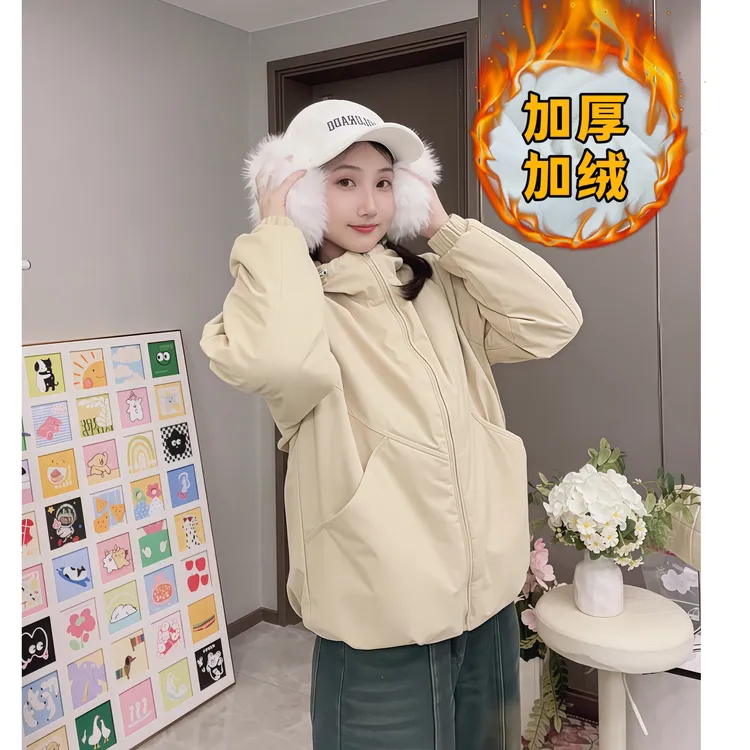 【升级加绒加厚款】2025秋冬新款连帽棉外套休闲宽松加绒加厚棉夹克