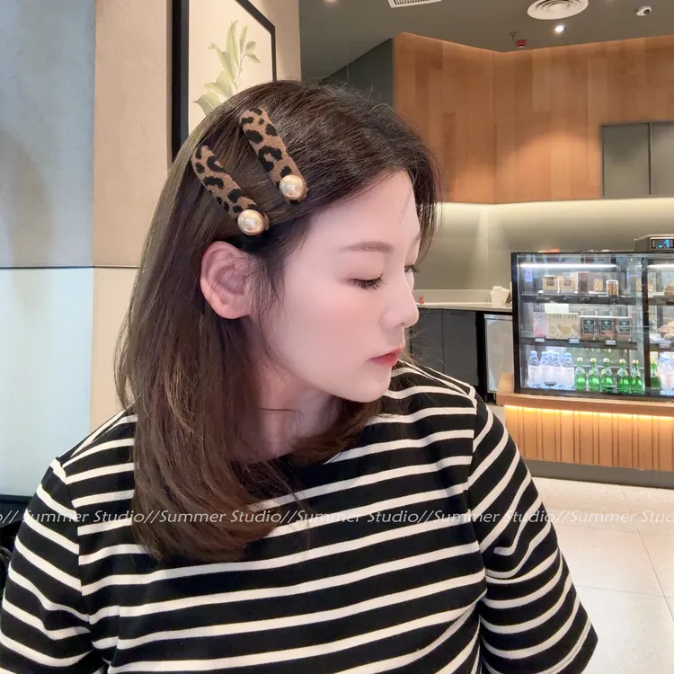 小众设计~豹纹珍珠刘海BB夹后脑勺碎发掰掰夹前额夹子侧边卡子