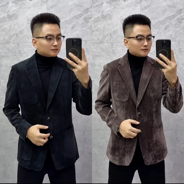 新款男士秋季西服时尚商务韩版雪尼尔绒高端欧货上衣