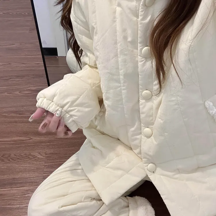 纯色三层夹棉睡衣女秋冬季加厚保暖大码连帽套装可外穿冬天家居服