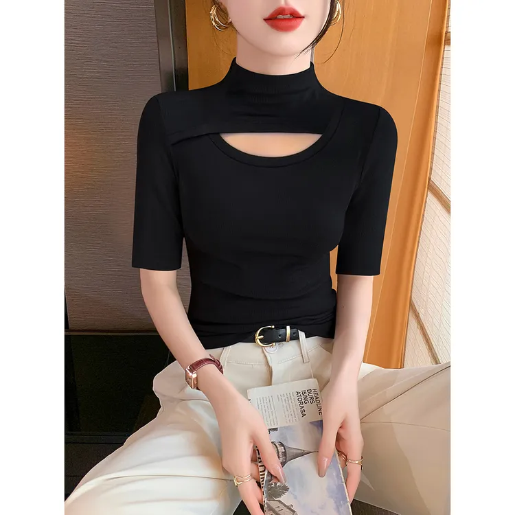 半高领黑色中袖打底衫女新款高级感内搭五分袖修身t恤镂空上衣春