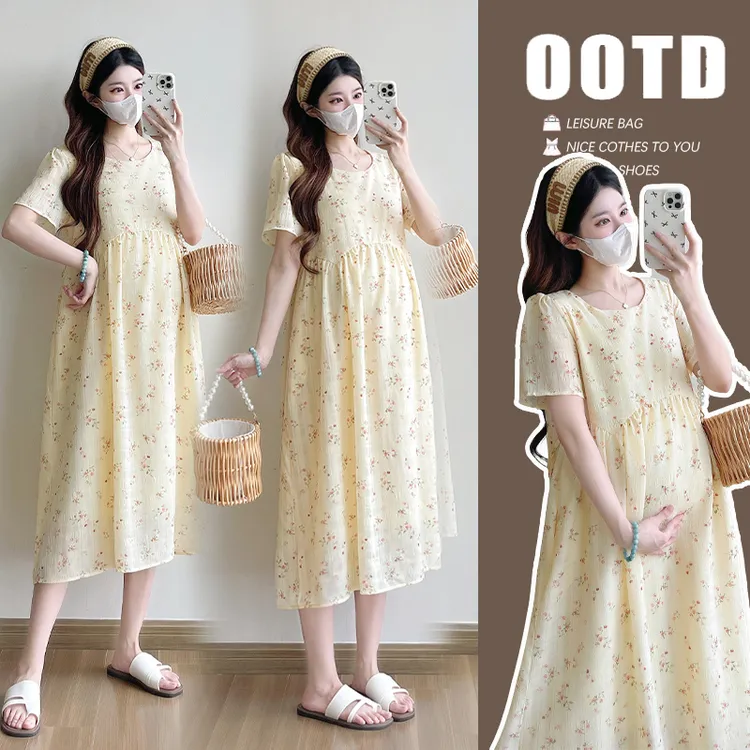2025孕妇装夏季连衣裙新款时尚洋气碎花裙宽松气质大码长裙蕾丝