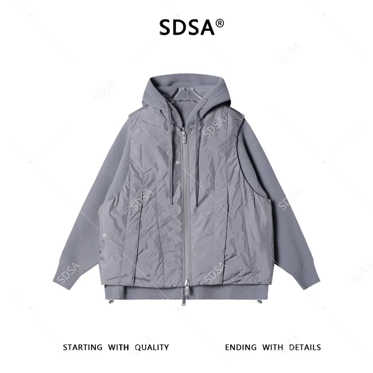 SDSA男士秋冬新款痞帅男装ins简约连帽马甲毛衣羽绒服宽松外套