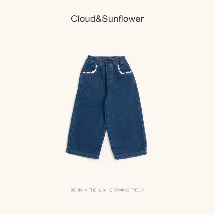 【云朵小葵】女童冬季新款爆款裤兜蕾丝洋气休闲直筒牛仔裤555402