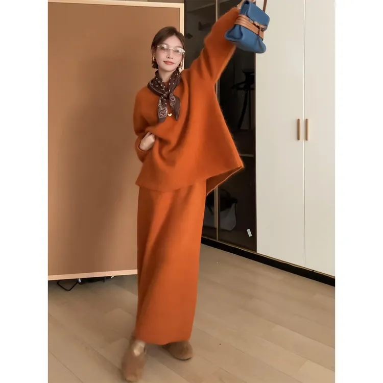 大码慵懒风毛衣针织半身裙2025秋冬洋气两件套微胖mm显瘦韩系套装