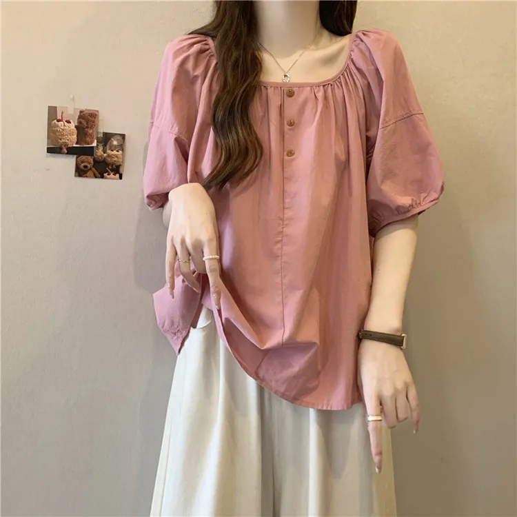 大码女装遮肚子粉色方领泡泡袖衬衫女夏季胖妹妹宽松显瘦短袖上衣