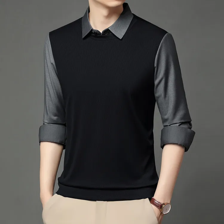 2025假两件打底衫衬衫领加绒针织衫上衣秋冬季男士蚕丝羊毛打底衫