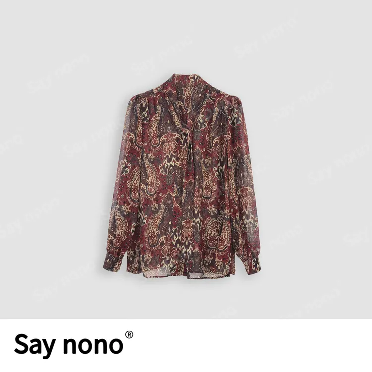 懒猫nono│Saynono 时尚复古印花领口系结设计百搭衬衫H06920X