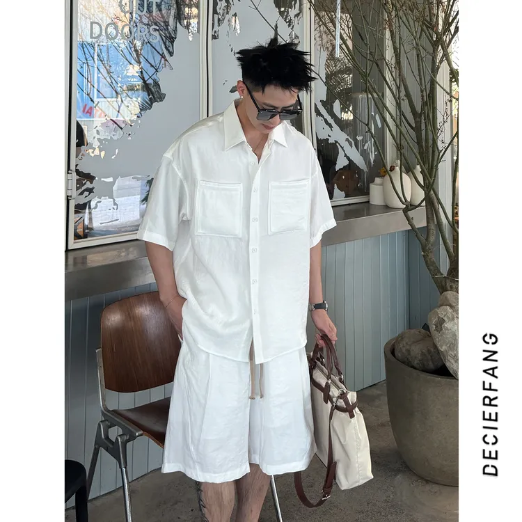 25夏季莱赛尔天丝亚麻老钱风休闲短袖衬衫夏季薄款短裤高级感套装