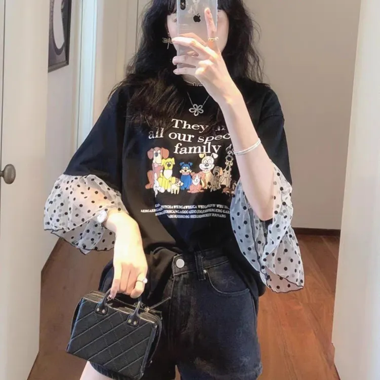 大码韩国女装夏季新款胖mm减龄风卡通狗狗印花波点网纱袖T恤上衣