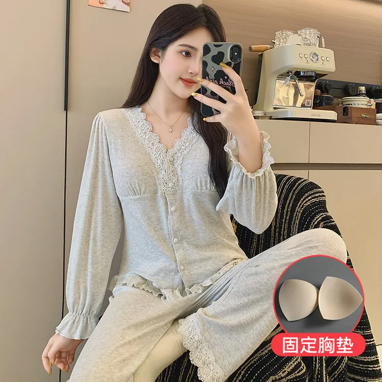 莫代尔睡衣春秋冬季女2025新款带胸垫长袖蕾丝显瘦家居服两件套装