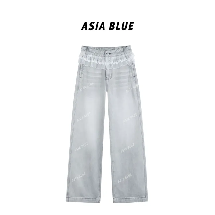 【ASIA BLUE】无弹蕾丝花边阔腿直筒牛仔裤YH23012