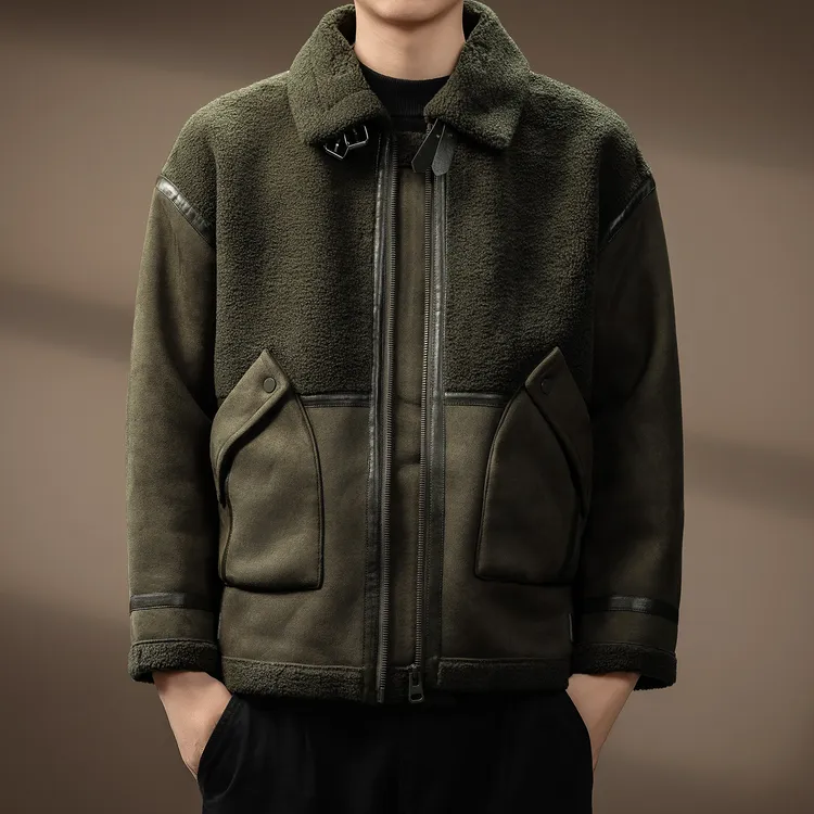 高端美式麂皮绒工装外套男冬季皮毛一体棉衣羊羔绒保暖潮牌棉服男