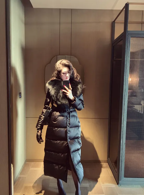 金南一保暖天然狐狸毛桑蚕丝长款长袖白鹅绒羽绒服0200111253