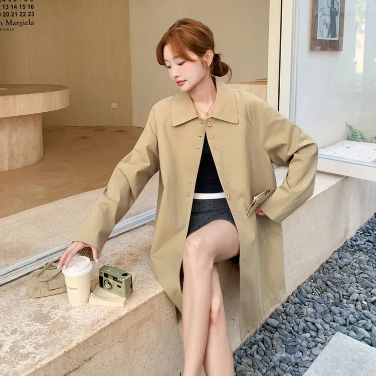 卡其色法式复古风衣外套女中长款2025秋季新款宽松休闲英伦风大衣