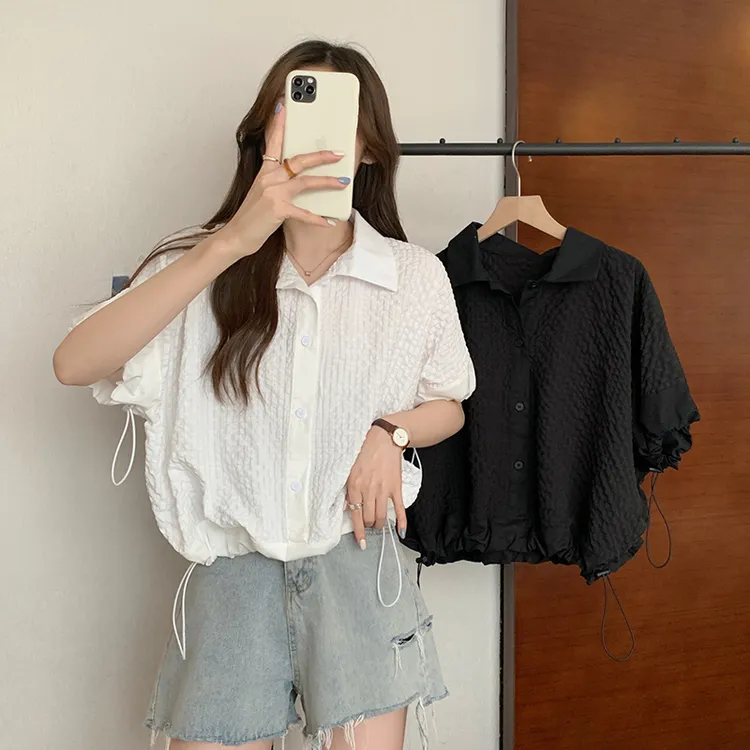 大码女装抽绳polo领短袖小衫2025夏季新款胖mm宽松设计感法式上衣