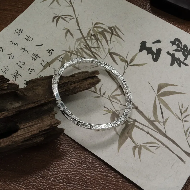 足银手镯 古法多吉言扭纹方镯/33克/足银999.9