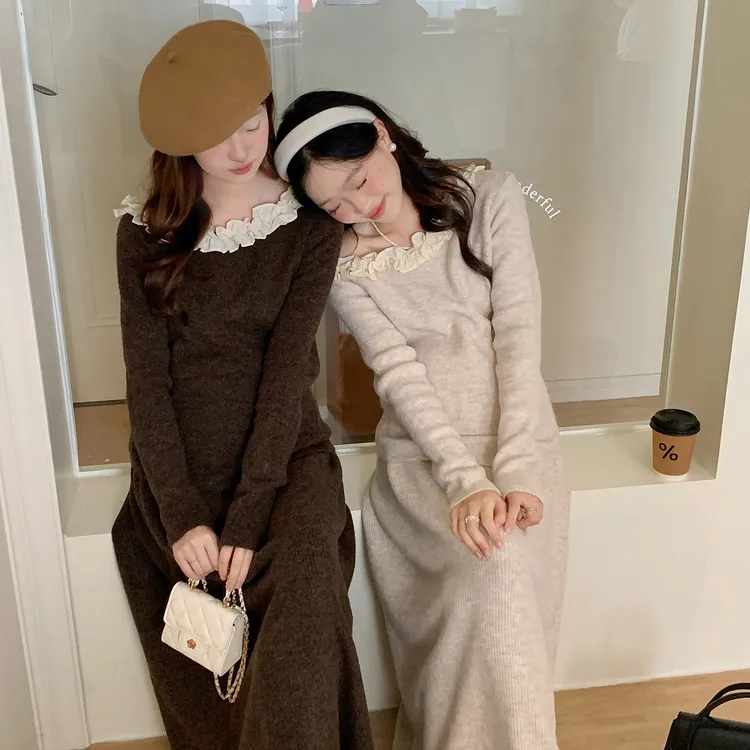 娜拉自制孕期穿搭韩版松弛感时尚露肩针织衫毛衣半裙新款孕妇套装