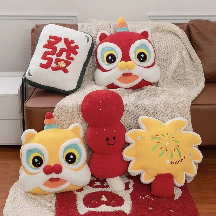 2025新年新款国潮醒狮新年抱枕毛绒玩具家居玩偶摆件客厅沙发靠枕