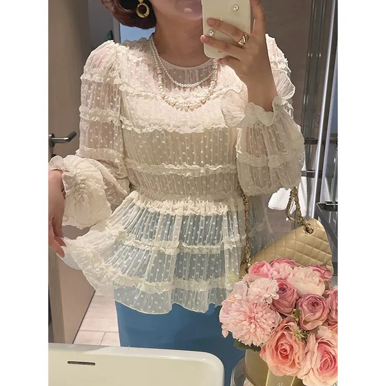 【双11清仓】【素美花园】春夏修身收腰荷叶边褶皱感蕾丝衫Z525E02539