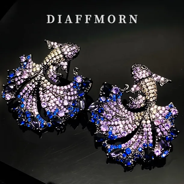 铜合金合成锆石耳饰 DFM《锦鲤归来》 精工满镶重工高级气质耳环