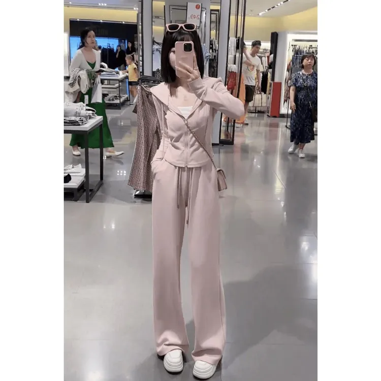 季春季新款女高级感长袖连帽运动衫外套高腰宽裤休闲运动两件套装