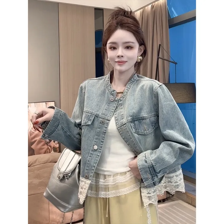 2025春季新款小个子蕾丝花边拼接牛仔外套休闲宽松短款百搭上衣