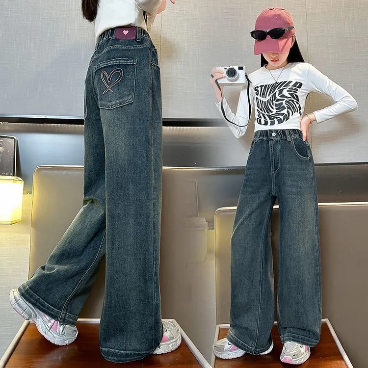 女童春秋牛仔裤2025新款儿童洋气直筒小女孩阔腿裤女大童裤子秋季