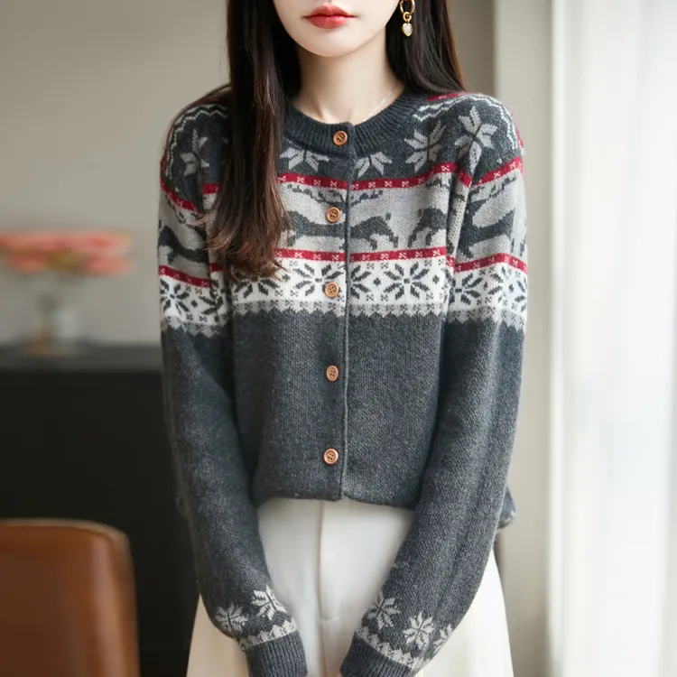 品牌撤柜新款秋冬加厚枫叶提花复古宽松百搭圆领女士针织羊毛开衫