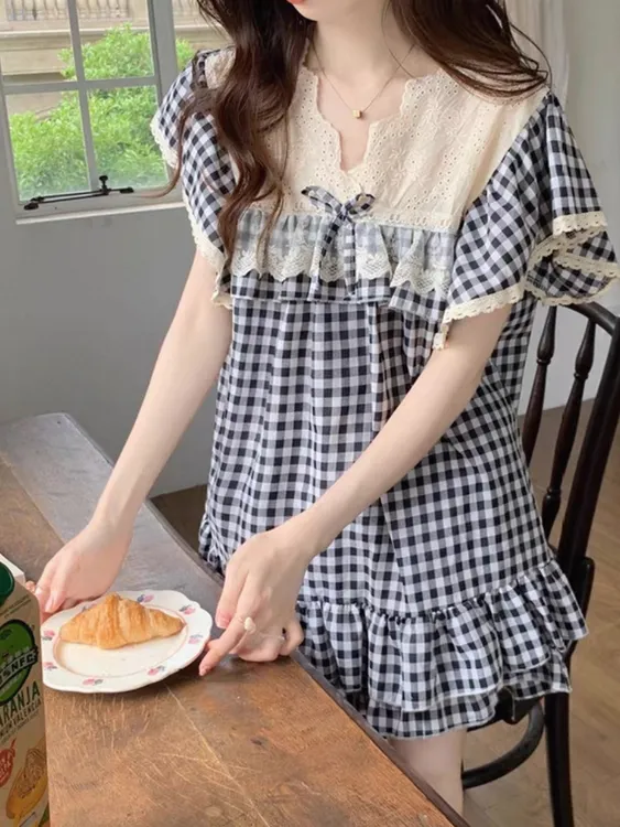 2025夏季睡衣女新款短袖短裤黑色格蕾丝花边舒适宽松家居服套装