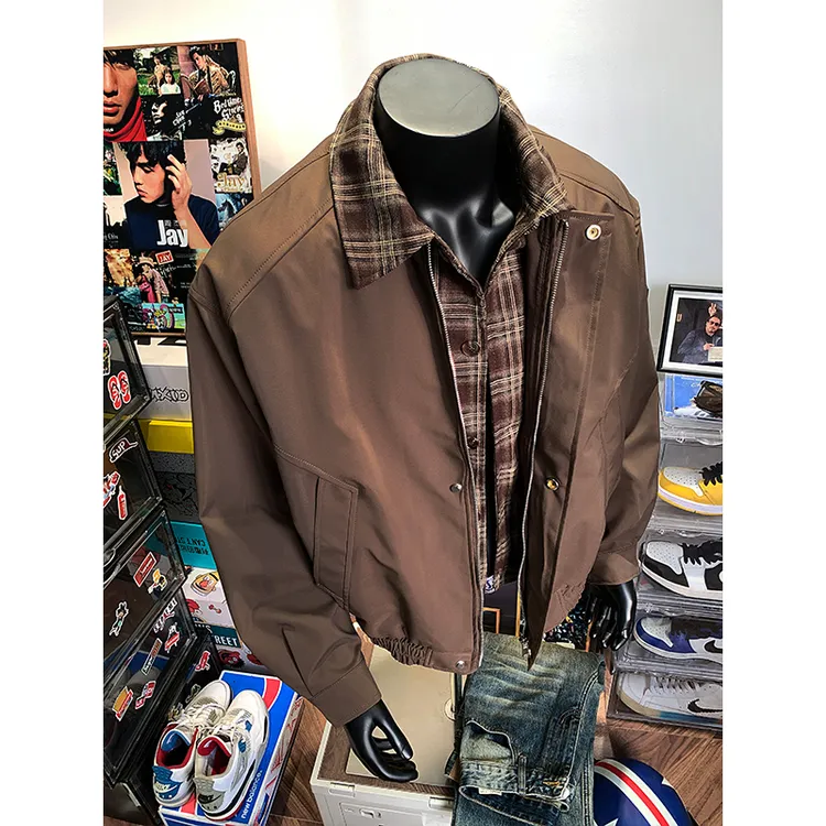 古着vintage棕色格子假两件夹克男2025秋季美拉德穿搭棒球服外套