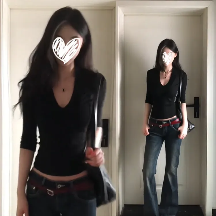 YIDENG 美式辣妹V领黑色七分袖T恤2025秋季性感气质百搭显瘦上衣