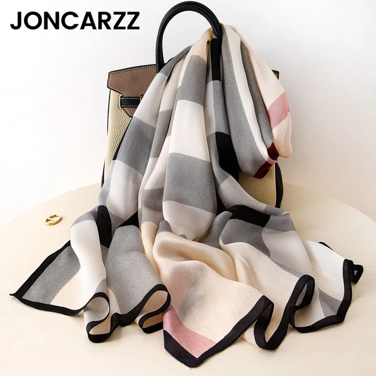 JONCARZZ真丝丝巾长条丝巾女韩版格子桑蚕丝两用围巾披肩礼盒装